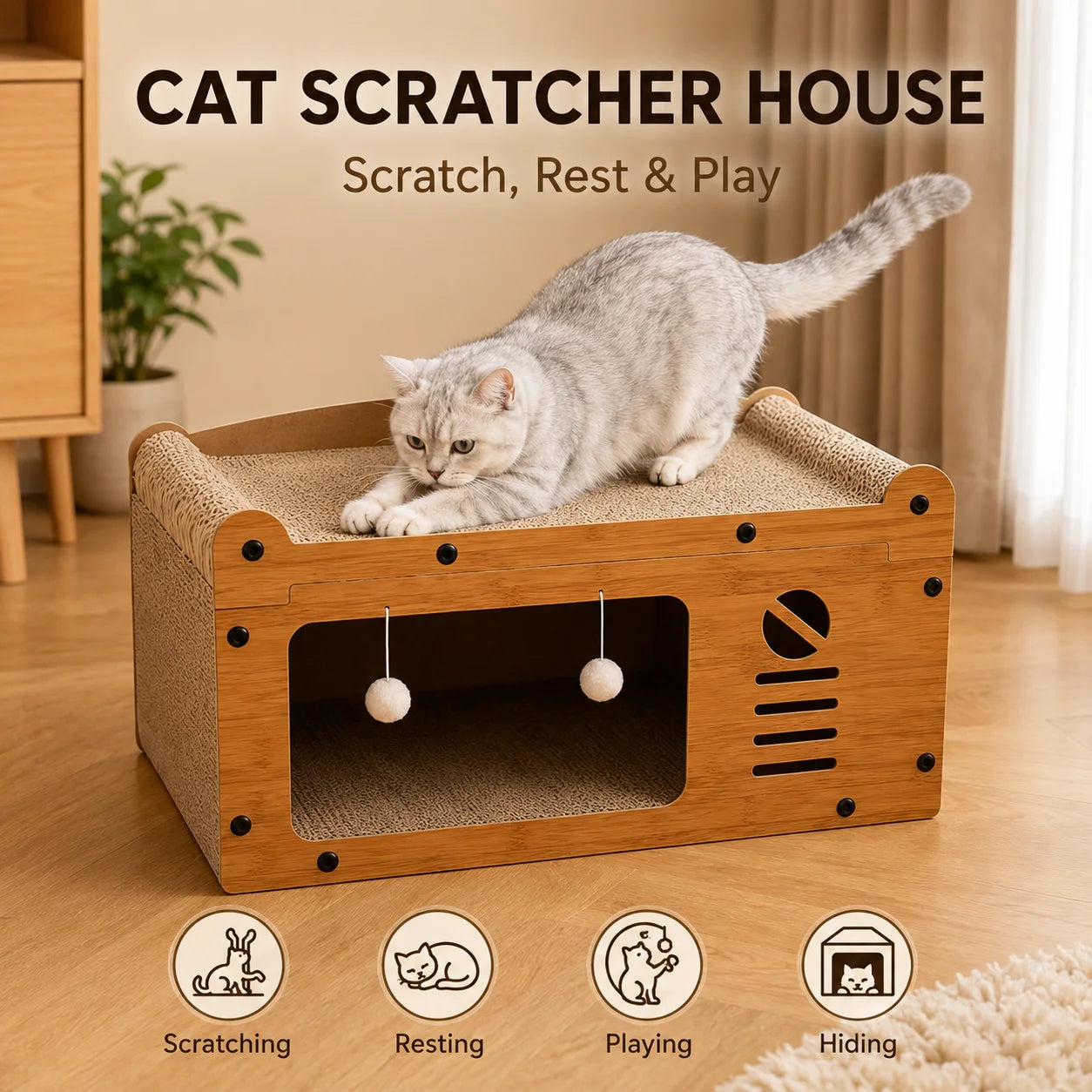 Cat Scratcher 56cm Wooden Cat House – Kacey's Essentials
