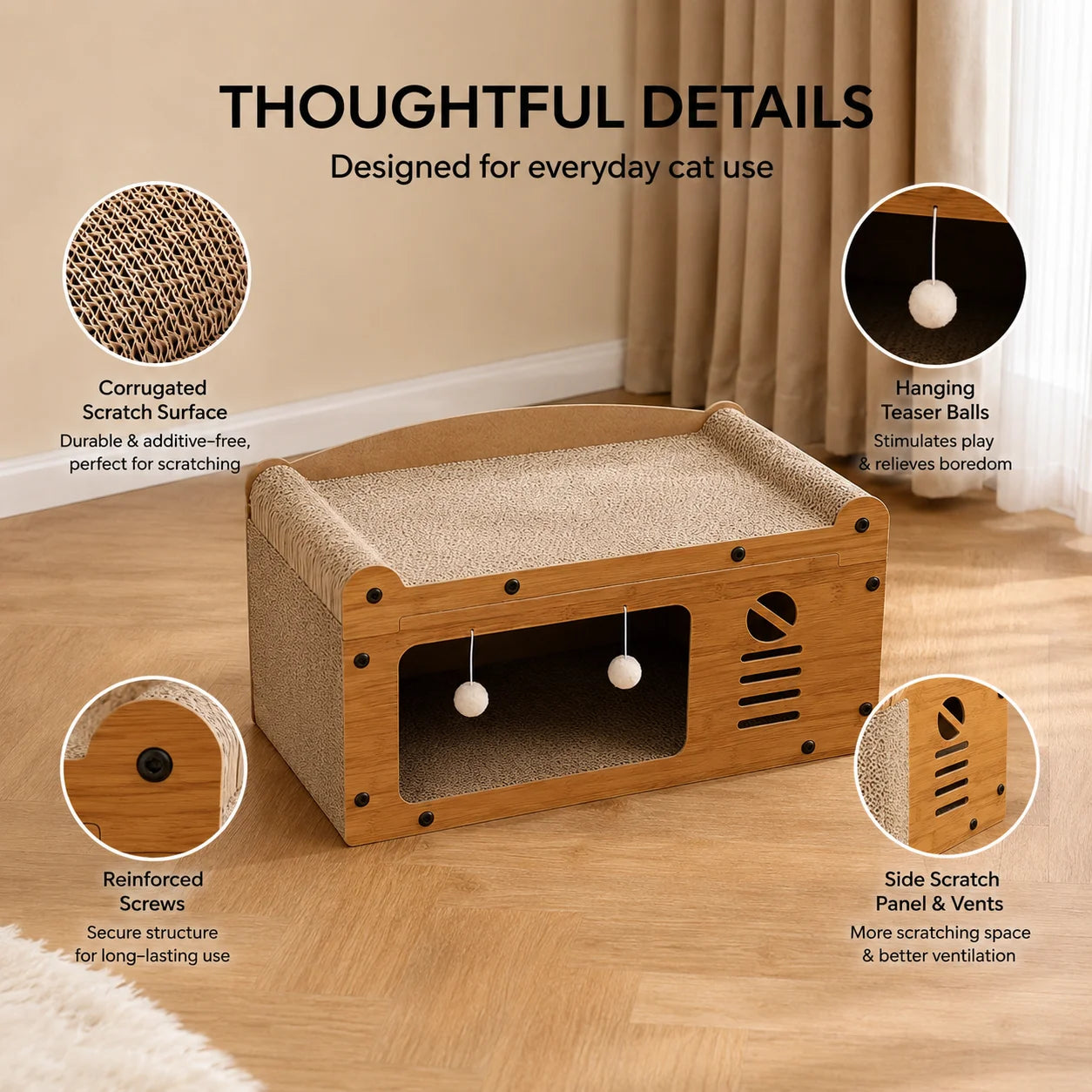 Cat Scratcher 56cm Wooden Cat House