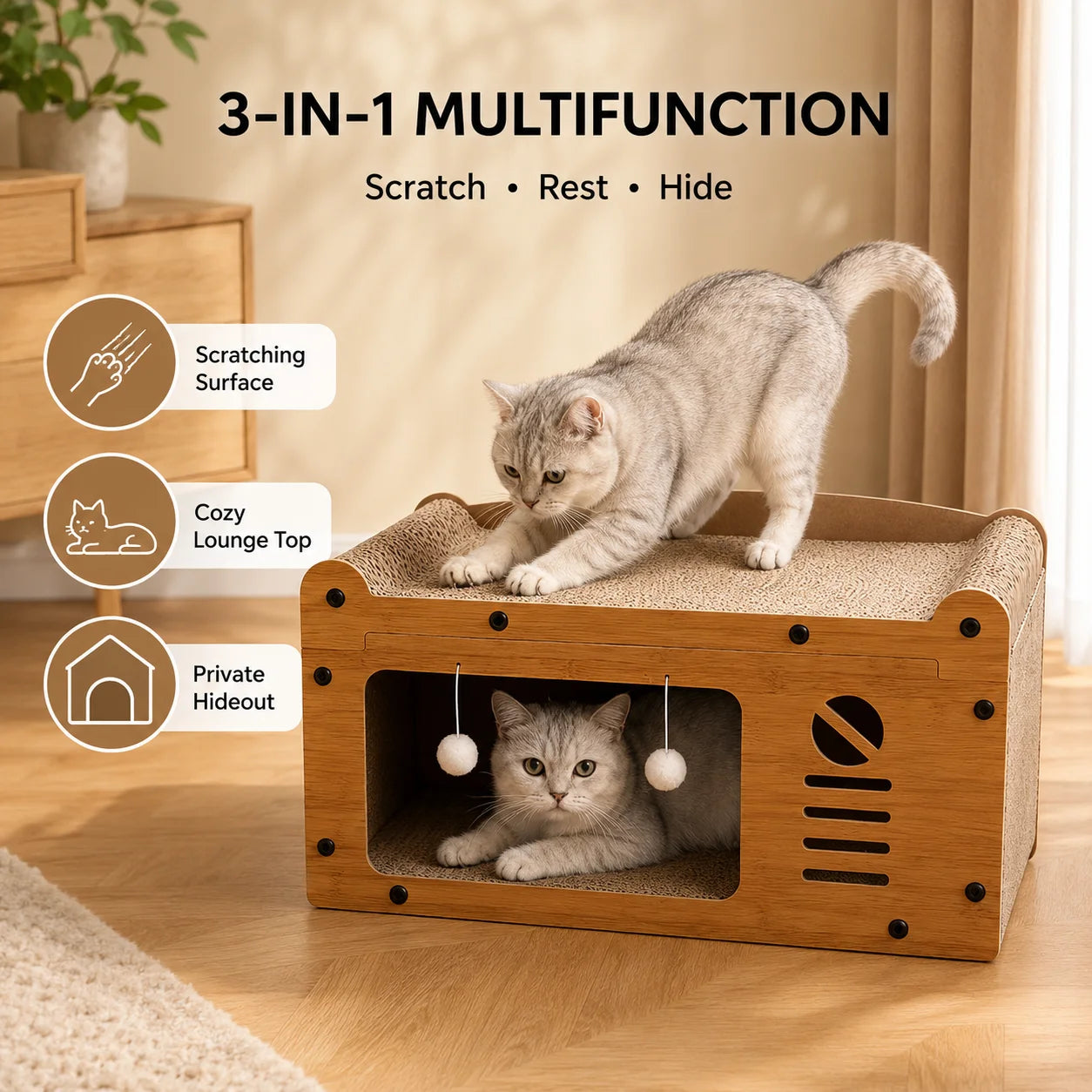 Cat Scratcher 56cm Wooden Cat House