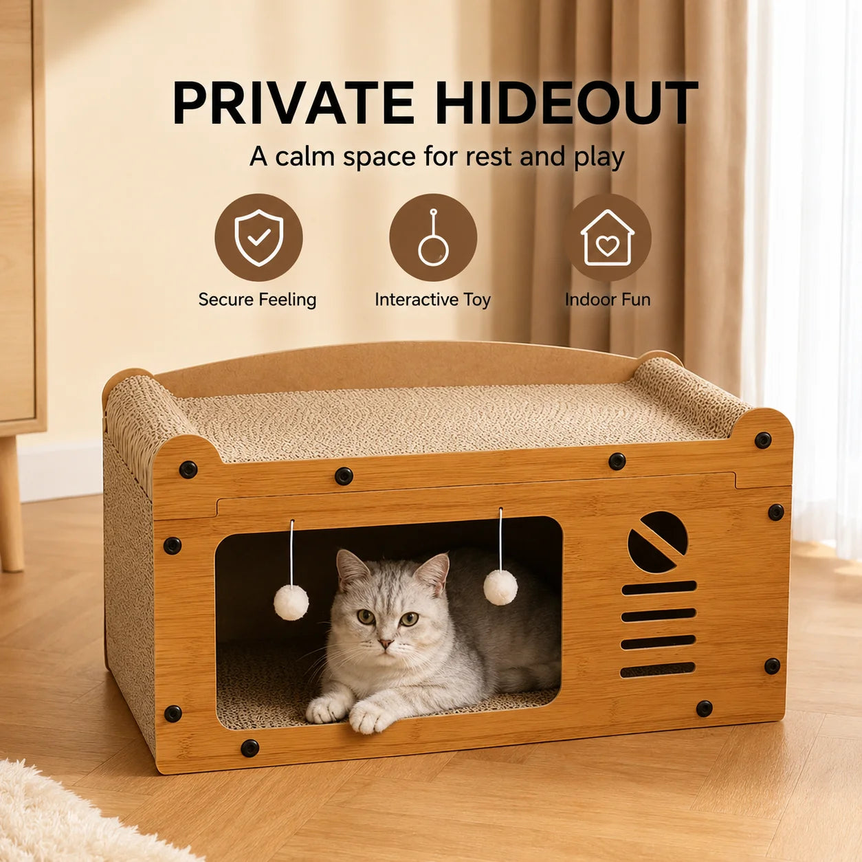 Cat Scratcher 56cm Wooden Cat House